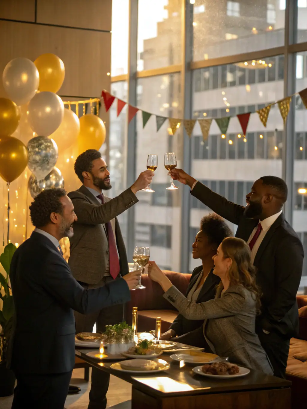 A Canadian startup team celebrating a successful funding round with champagne in their modern office, showcasing their achievement and excitement.