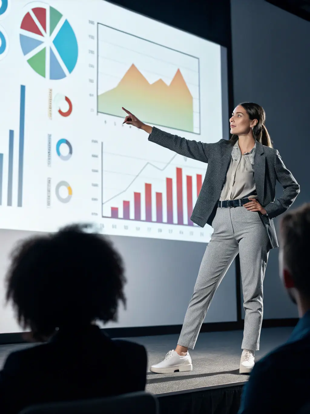 A startup founder confidently pitching their business idea to a panel of investors in a modern, well-lit conference room in Toronto.