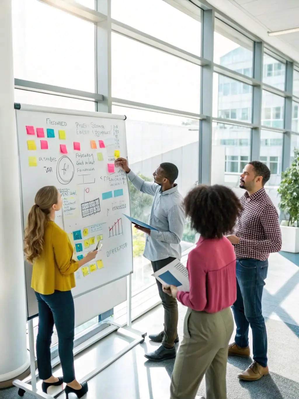 A diverse team of startup members are brainstorming around a whiteboard filled with growth charts and strategic plans in a modern Canadian office setting.
