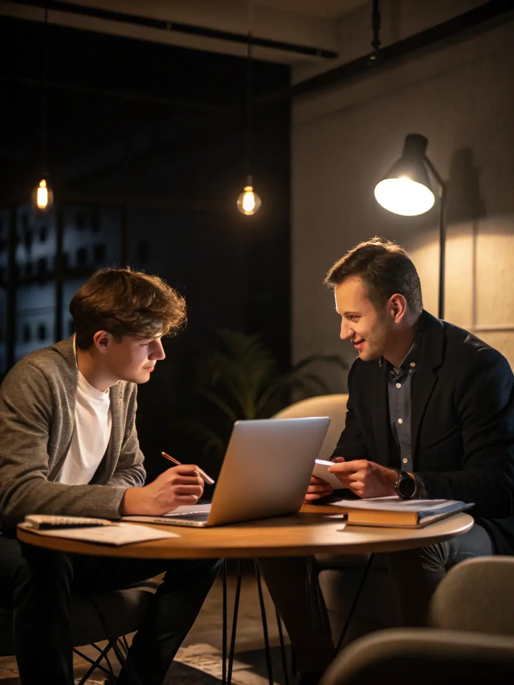 A photo of a mentor actively listening and engaging with a startup founder in a modern office setting, emphasizing personalized guidance.
