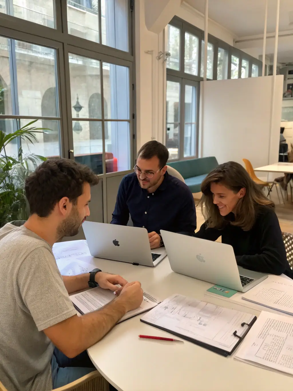 An image showcasing a collaborative brainstorming session between a mentor and a startup team, highlighting strategic problem-solving.