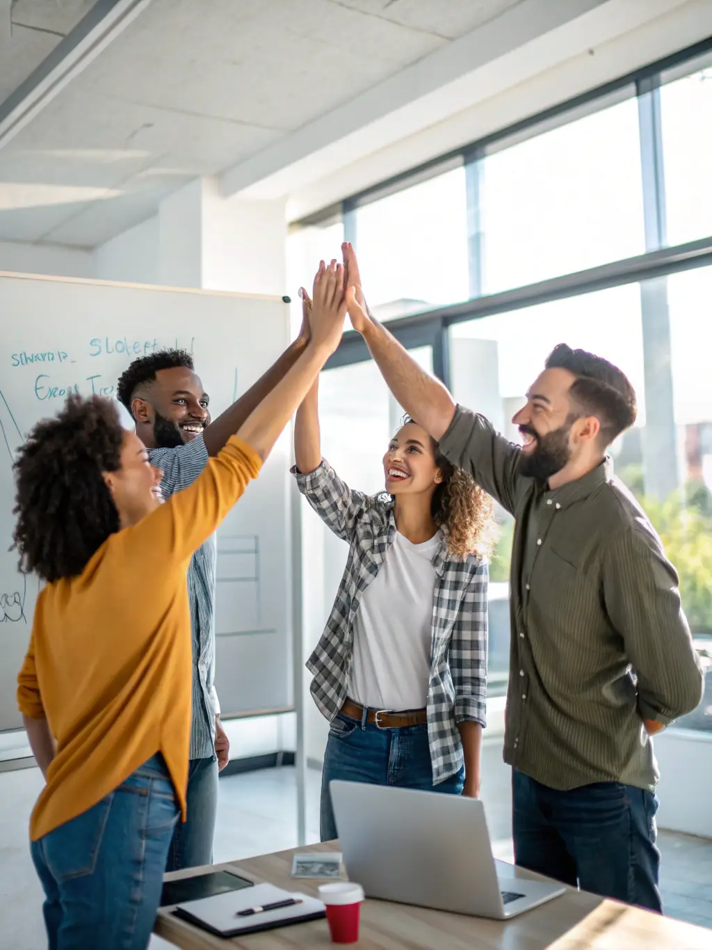 A Canadian startup team celebrating a successful product launch, with Canadian flags subtly displayed in the background.