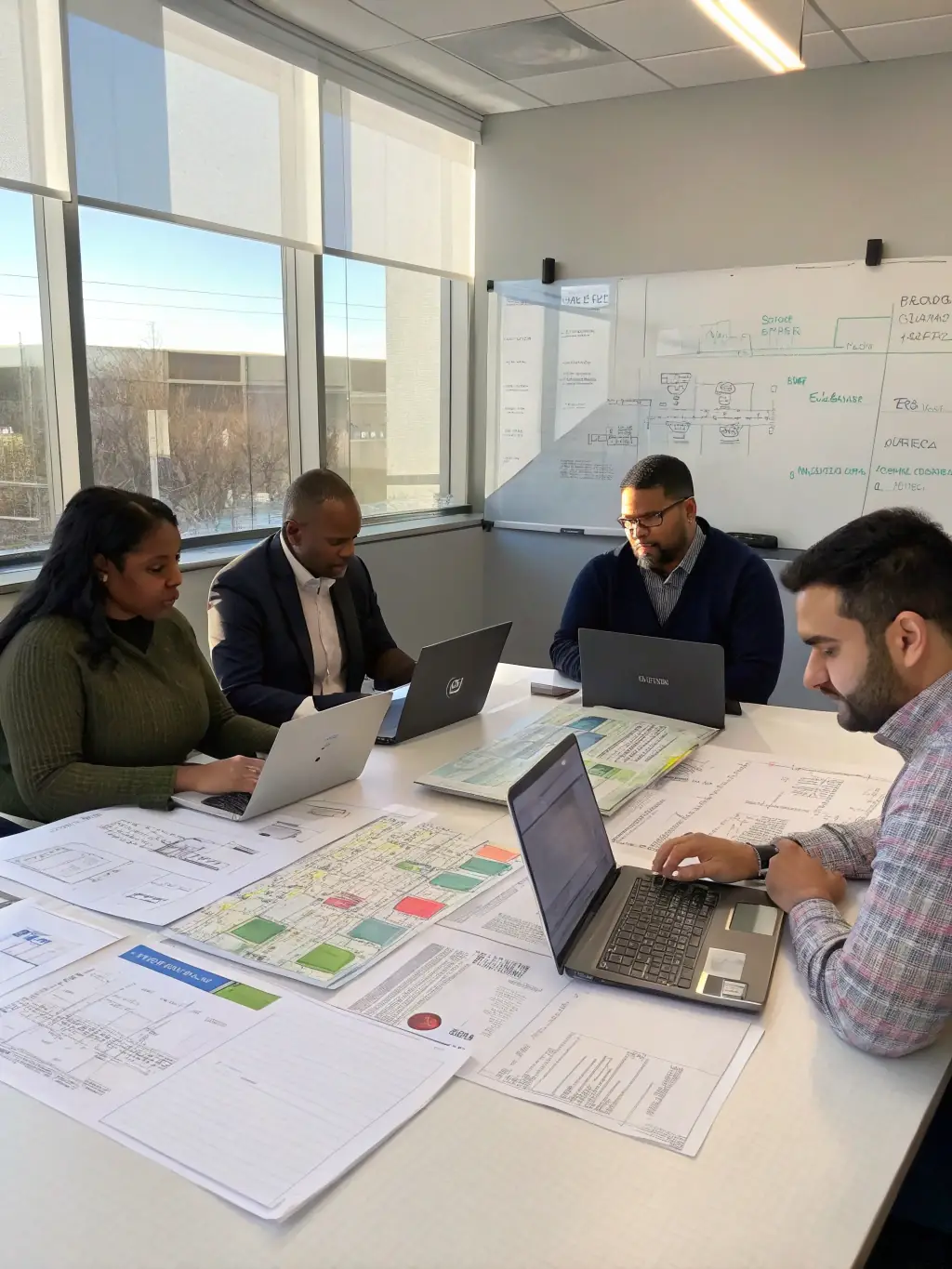 A Canadian startup team brainstorming growth strategies in a modern office, with charts and graphs visible in the background.