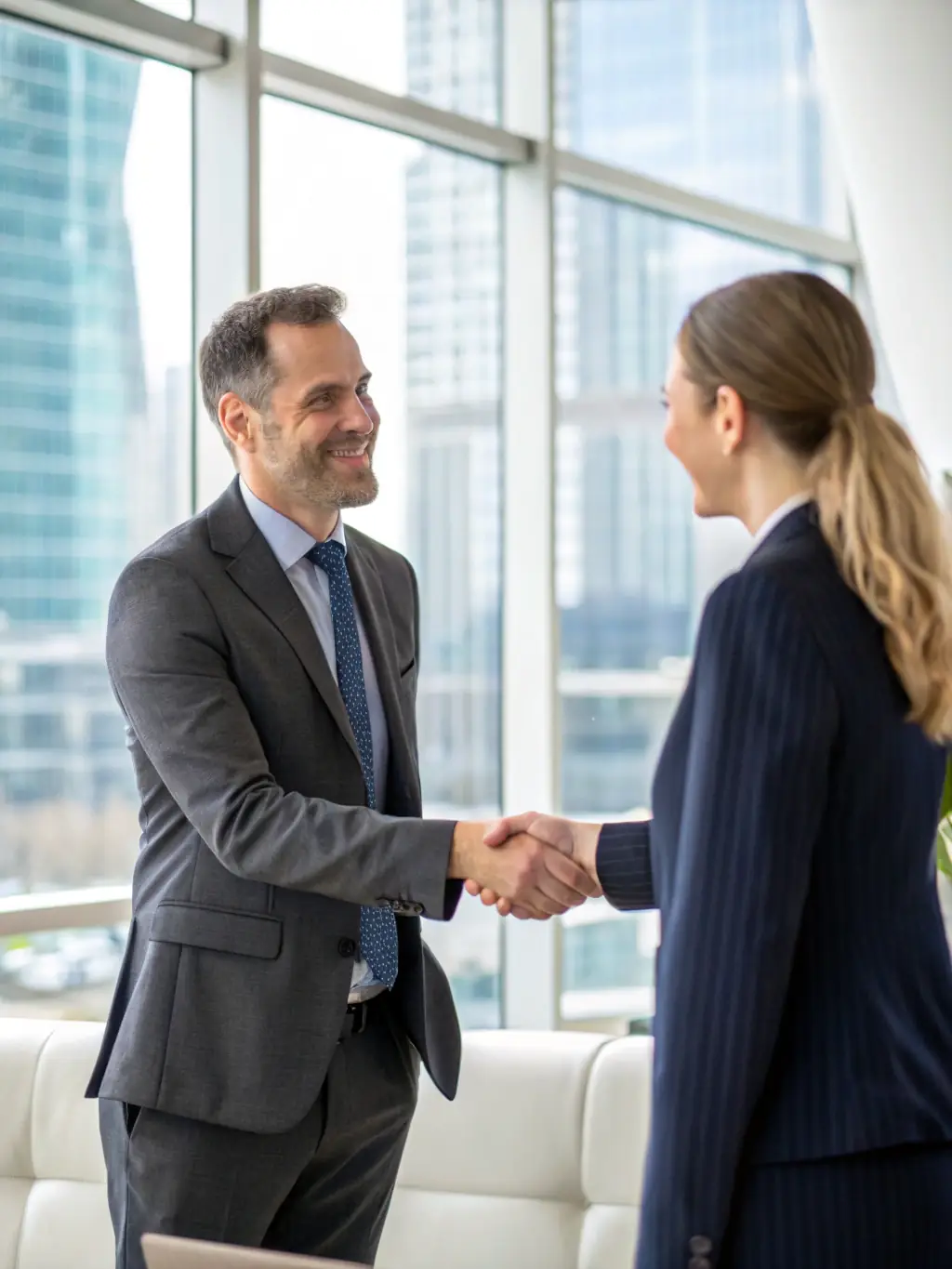 A successful Canadian startup founder shaking hands with a venture capitalist after securing funding.